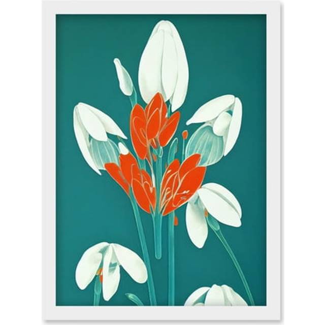 Abstract Snowdrops Red Flowers on Teal Retro Mid Century Style Artwork Framed Wall Art Print A4 - White - One Size