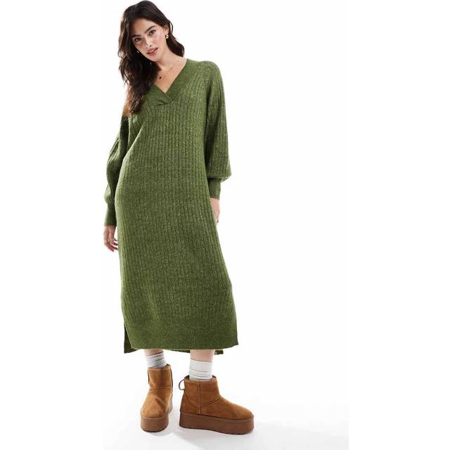Vero Moda – Khakifärgad, melerad, ribbad, mjuk tröjklänning i oversize-Grön/a