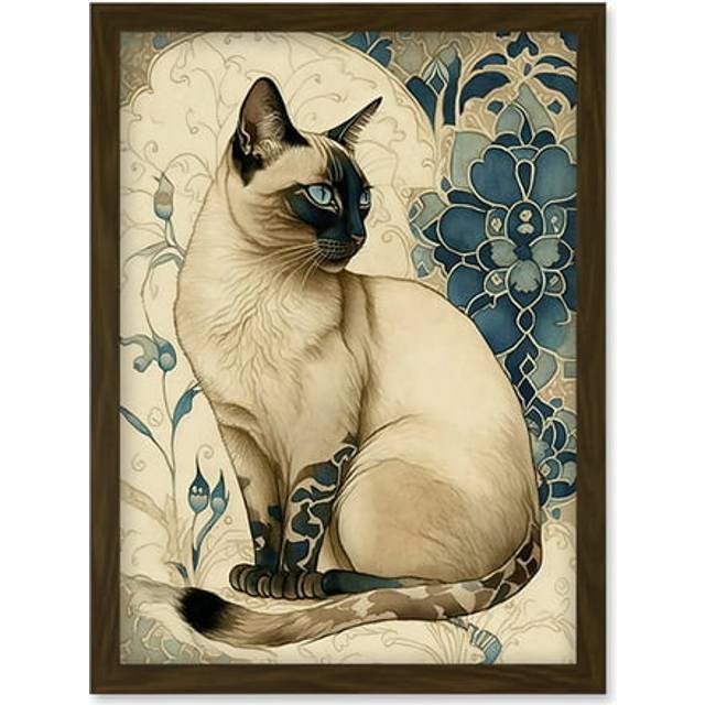 Siamese Cat with Blue Flower Pattern Modern Art Nouveau Watercolour Illustration Artwork Framed Wall Art Print A4 - Brown - One Size