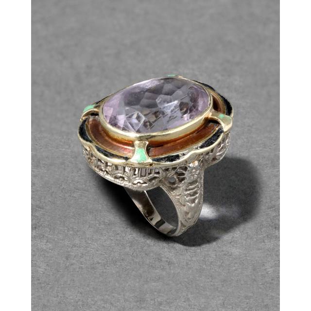 Alexis Bittar Antique 1920S 14K White & Gold Amethyst Ring With Enamel & Filigree Patterned Band in Yellow Size 4.5  | Statement Jewelry from Alexis B (4.5)