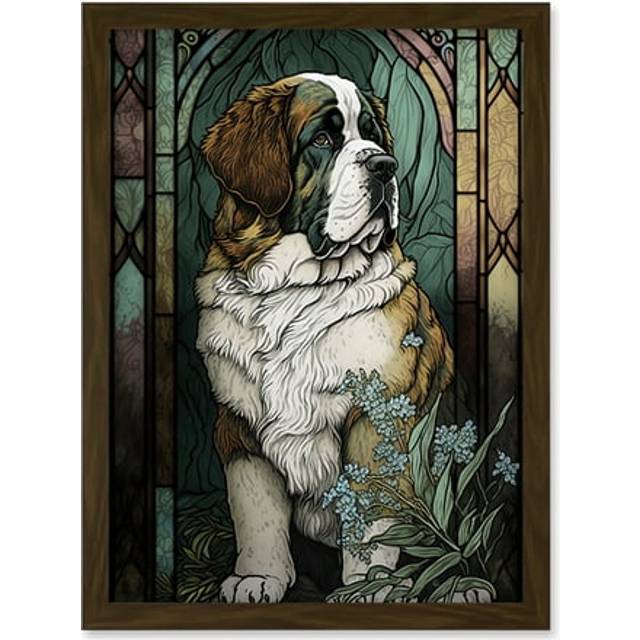 St Bernard Dog with Silvery Lupine Flowers Modern Art Nouveau Illustration Artwork Framed Wall Art Print A4 - Brown - One Size