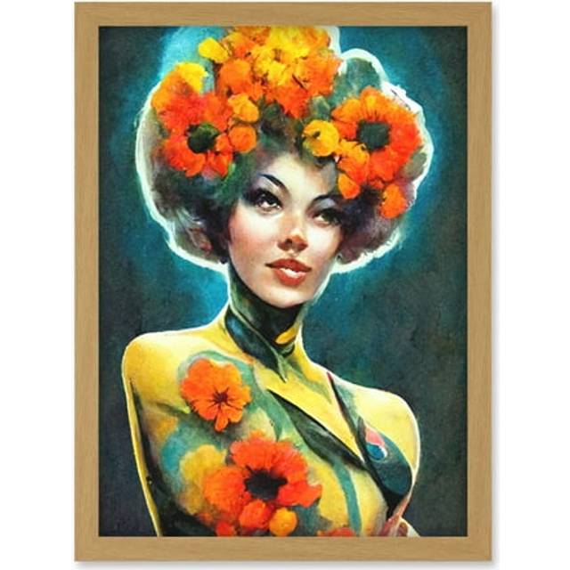 Afro Flower Power Watercolour Beautiful Woman Vibrant Floral Artwork Framed Wall Art Print A4 - Tan - One Size