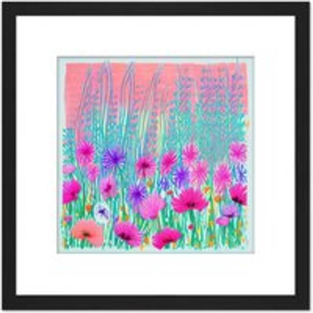 Abstract Floral Meadow Flowers Pink Turquoise Colourful Painting Square Wooden Framed Wall Art Print Picture 8X8 Inch - Black - One Size