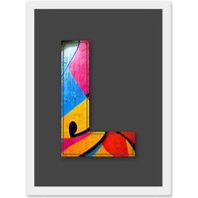Letter L Abstract Blue Pink Yellow Decorative Graffiti Mural Alphabet Initial Stencil Artwork Framed Wall Art Print A4 - White - One Size