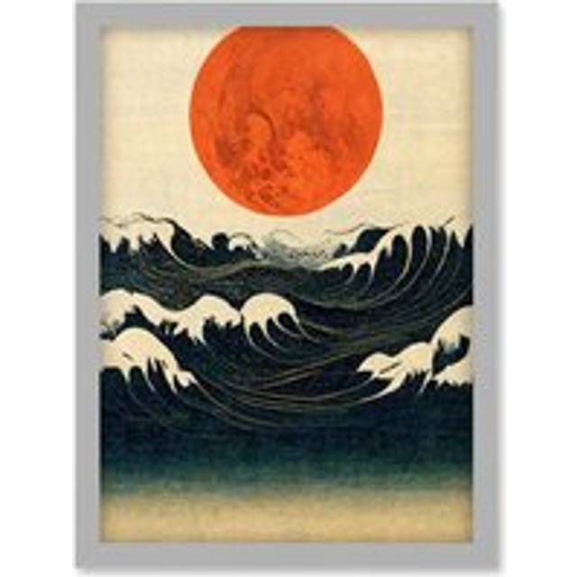 Minimalist Large Orange Moon Over Ocean Waves Ukiyo-e Style Artwork Framed Wall Art Print A4 - Grey - One Size