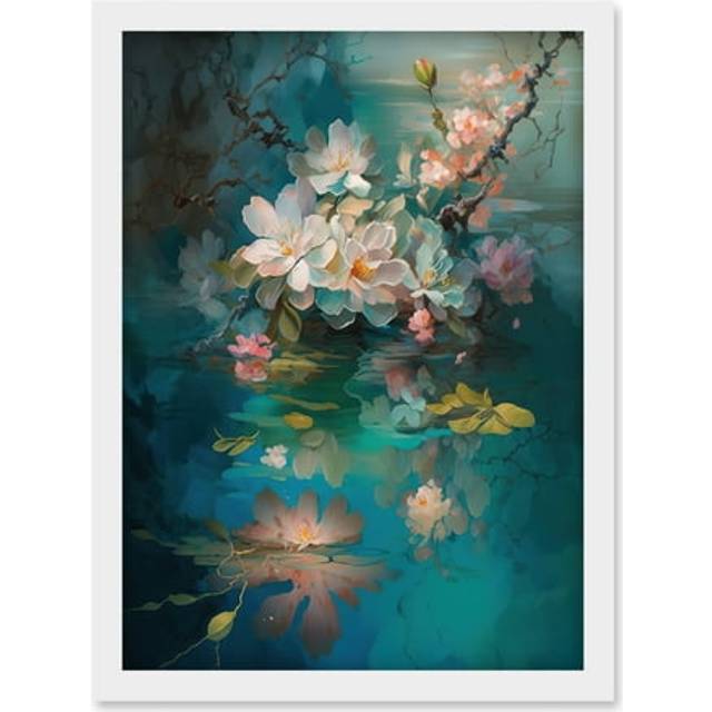 Low Hanging Cherry Blossom Branch in River Stream Modern Watercolour Painting Artwork Framed Wall Art Print A4 - White - One Size