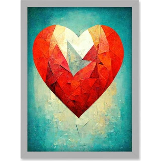 Love Heart Painting Romance Bright Blue Teal Unique Modern Artwork Framed Wall Art Print A4 - Grey - One Size