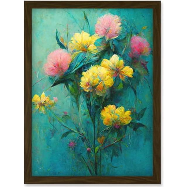 Pink And Yellow Flower Bouquet In Teal Oil Painting Artwork Framed Wall Art Print A4 - Brown - One Size