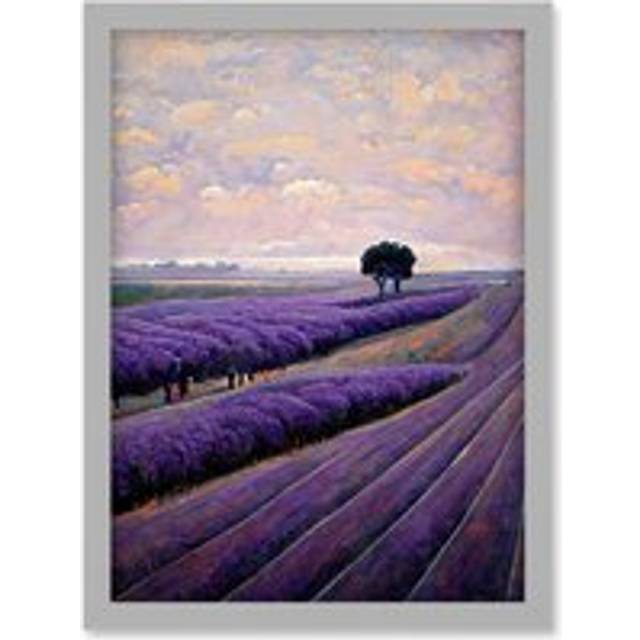 Lone Tree In A Field Of Purple Lavender Flowers Artwork Framed Wall Art Print A4 - Grey - One Size