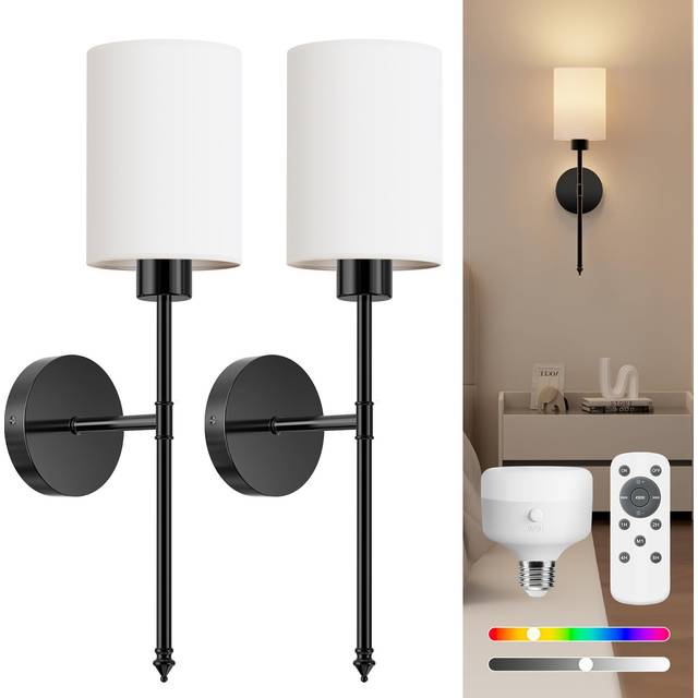 NIORSUN Battery Operated Wall Lights, Black Wireless Rechargeable Wall Lights with 5200mAh Dimmable Detachable Bulbs and Remote, 9 Colours Sconces