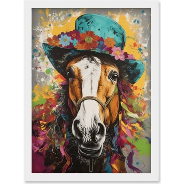 Horse Wearing a Flower Summer Hat Multicoloured Artwork Framed Wall Art Print A4 - White - One Size