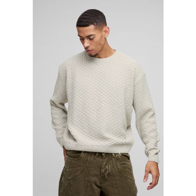Mens Stone Oversized Boxy Basket Knitted Crew Jumper