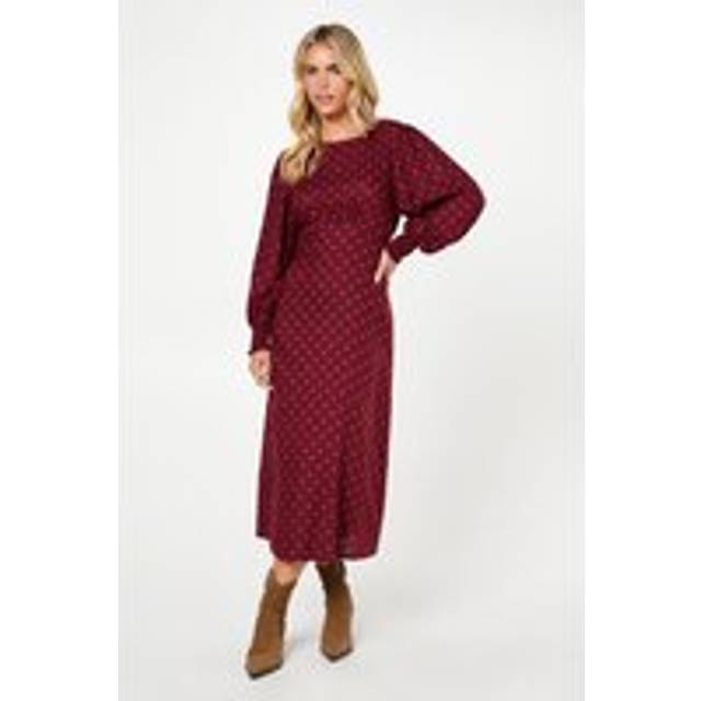 Womens Petite Berry Spot Shirred Cuff Midi Dress - 12