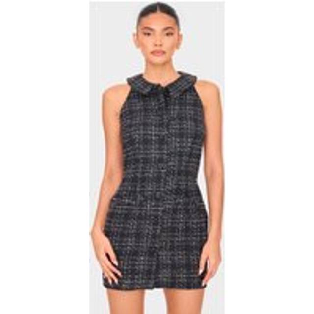 Black Boucle Button Up Mini Dress, Black - 10