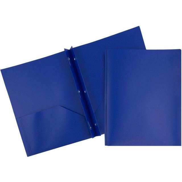 JAM PAPER Plastic 2 Pocket POP Folders - Durable School Folders with Metal Prongs Fastener Clasps - Dark Blue - Bulk 48/Pack