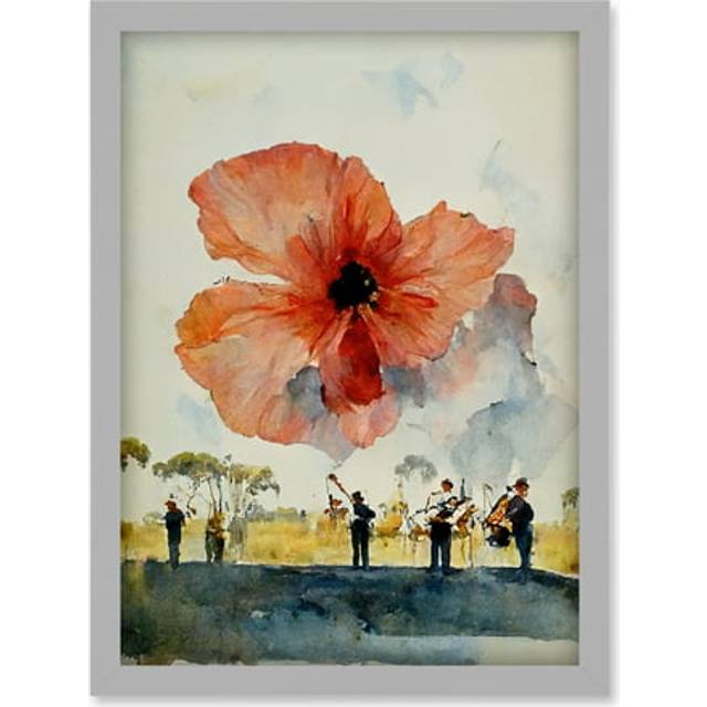 Watercolour War Memorial Remembrance Day Poppy Brass Band Artwork Framed Wall Art Print A4 - Grey - One Size