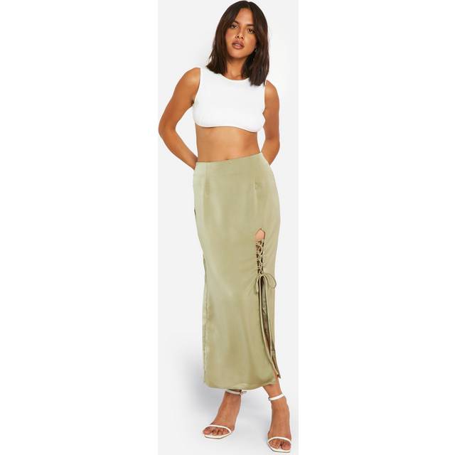 Womens Satin Side Split Lace Up Midaxi Skirt - Green - 14, Green