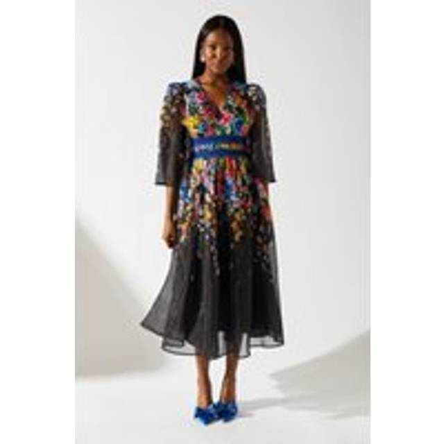 V Neck Lace Trim Organza Midi Dress - Multi - 10