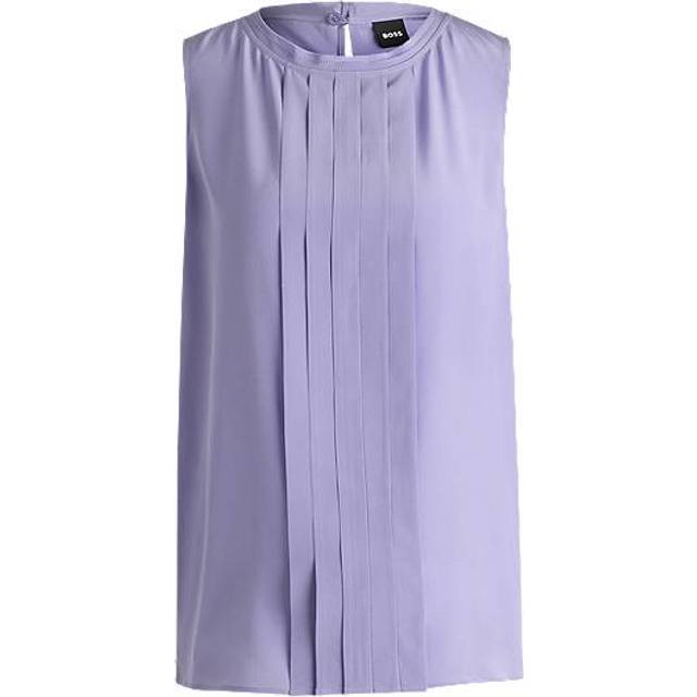 Boss Womens Medium Purple Pleated-front Round-neck Silk Blouse 16 - MEDIUM PURPLE