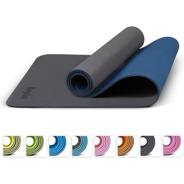 (Gray & Navy) KEPLIN Yoga & Exercise Mat with Carry Strap, Large Non-Slip Comfortable Training & Workout Floor Mat for Home or Outdoor, Gym