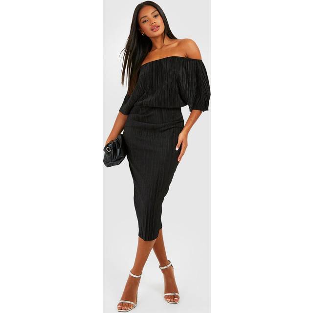 Womens Plisse Off The Shoulder Midi Dress - Black - 8, Black