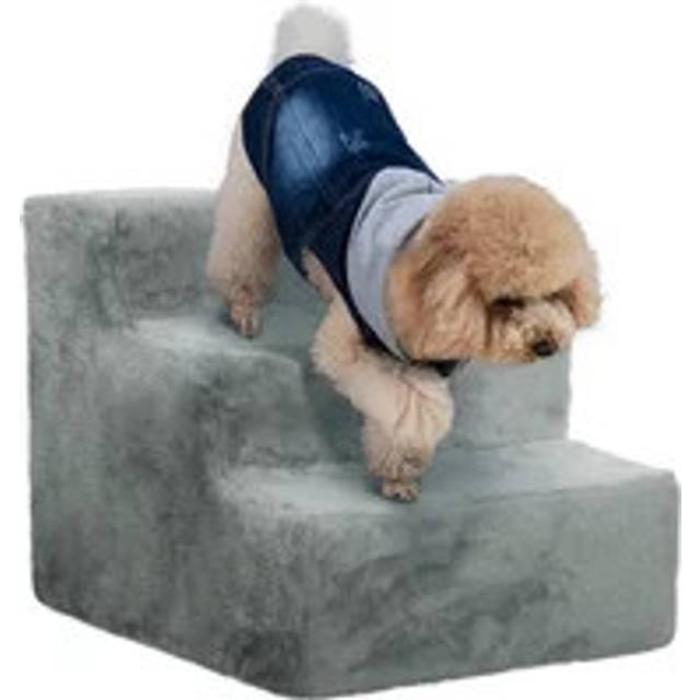 PawHut Three-Step Portable Dog Stairs with Washable Plush Cover - for Small Pets - Light Grey | TJ Hughes