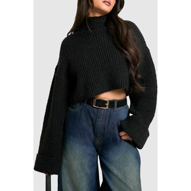 Womens Faux Suede Chunky Gold Buckle Boyfriend Belt - Black - One Size, Black