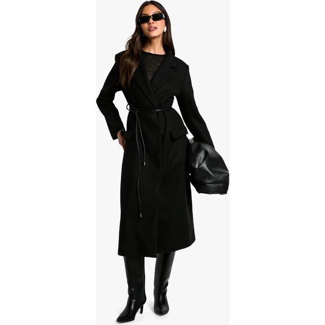 Womens Cinched Wool Look Maxi Coat - Black - 8