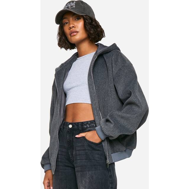 Womens Tall Wool Look Hooded Bomber Jacket - Grey - 8, Grey