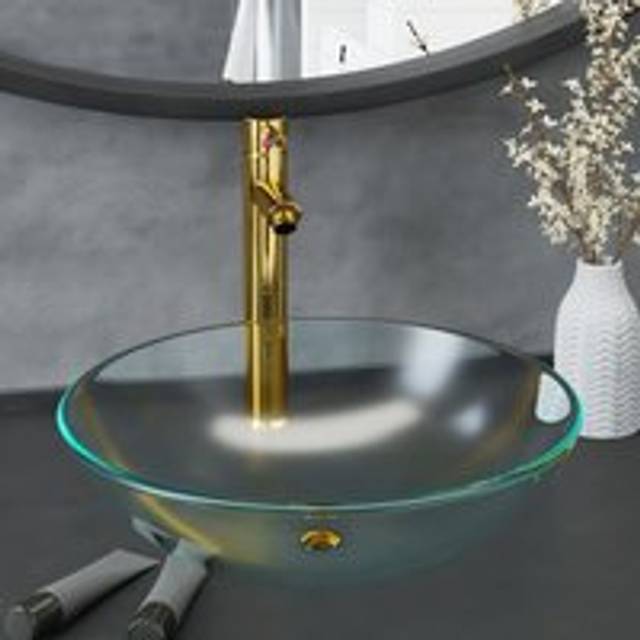 Bathroom Sink with Tap and Push Drain Frosted Tempered Glass - Gold - One Size