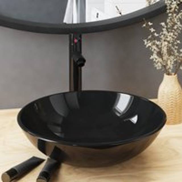 Bathroom Sink with Tap and Push Drain Black Tempered Glass - One Size