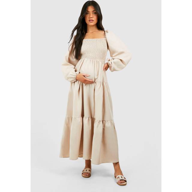 Womens Maternity Shirred Poplin Midaxi Dress - Beige - 10