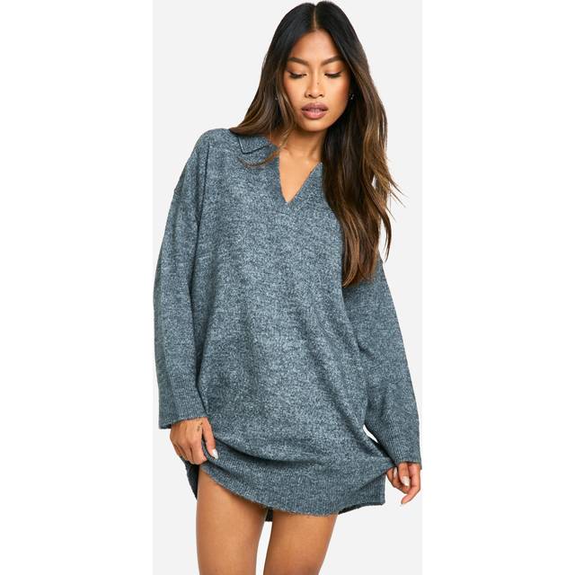 Womens Soft Knit Fine Gauge Polo Collar Jumper Dress - Grey - S