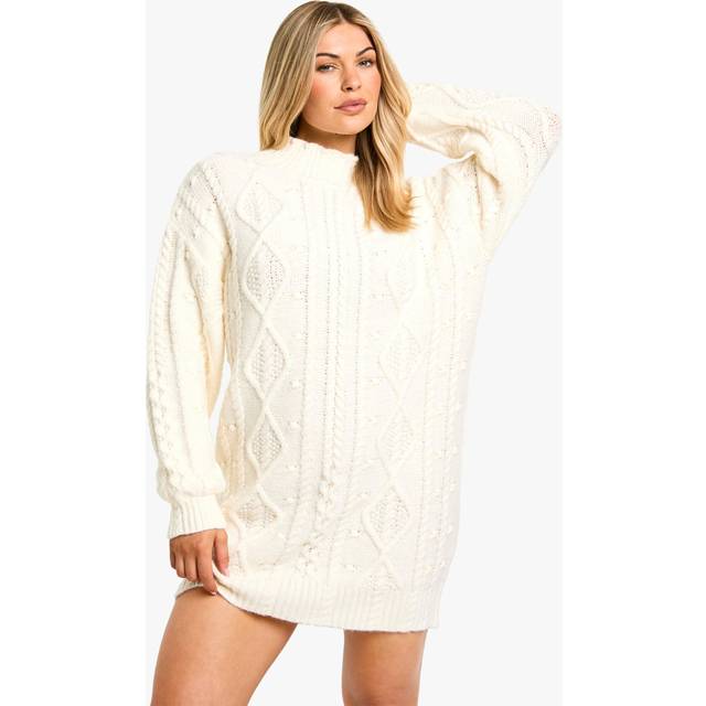 Womens Cable Detail Knitted Mini Jumper Dress - White - S