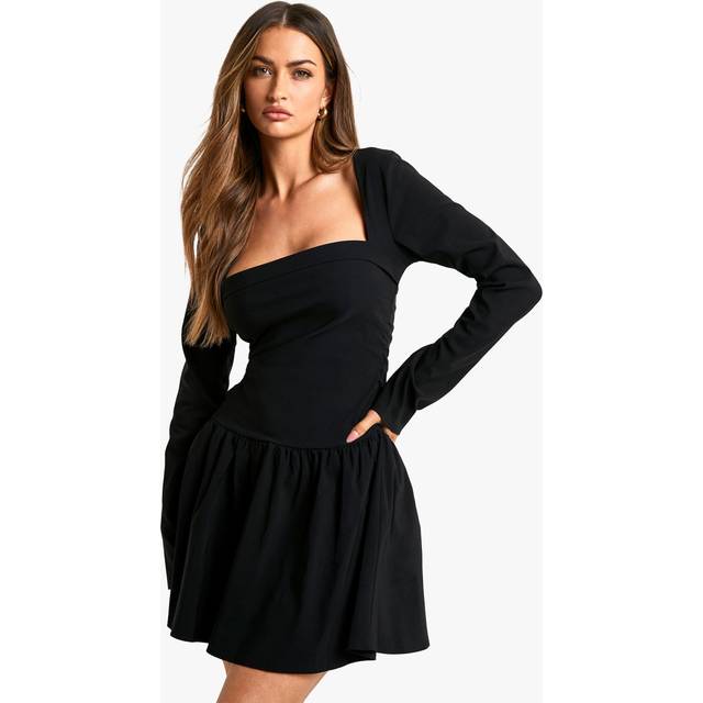 Womens Long Sleeve Skater Mini Dress - Black - 14