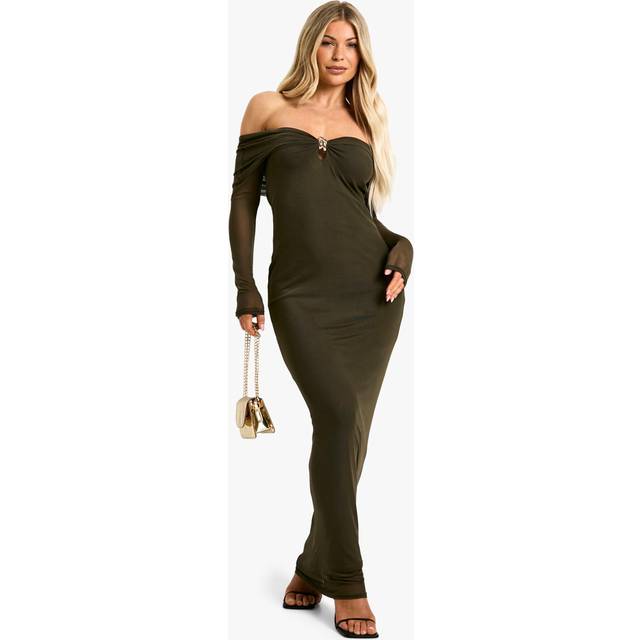 Womens Long Sleeve Trim Detail Mesh Maxi Dress - Green - 14