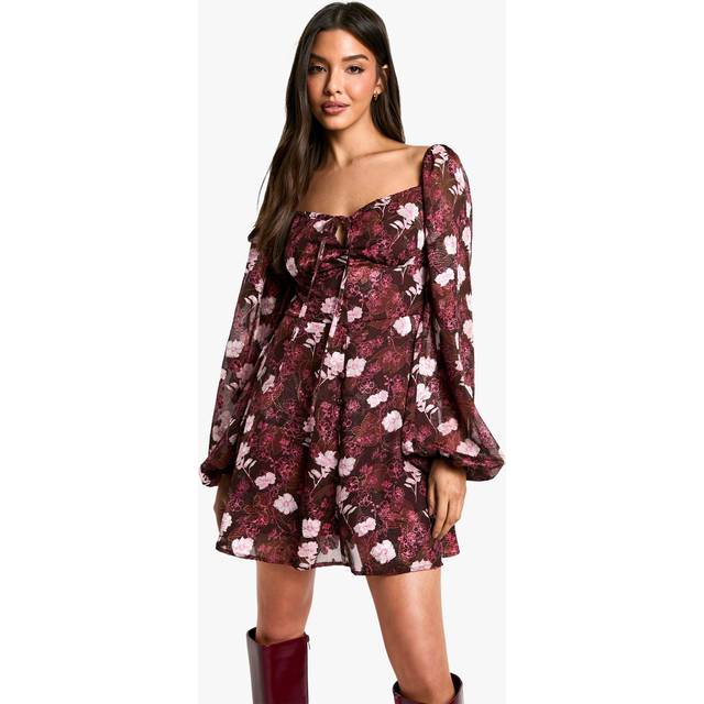Womens Floral Blouson Sleeve Skater Dress - Red - 14