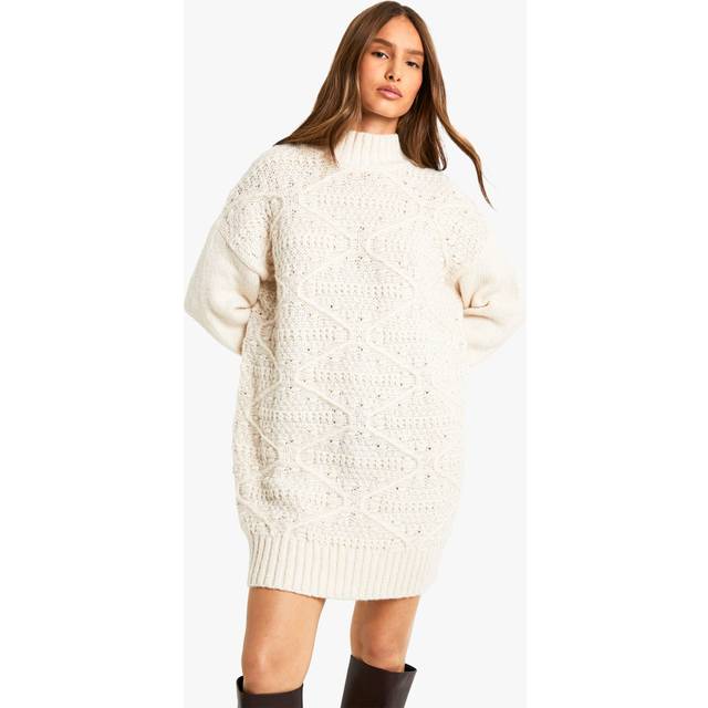 Womens Cable Detail Knitted Mini Jumper Dress - Beige - S