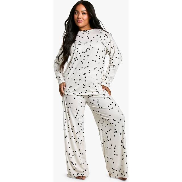 boohoo Women's Bow Print Long Sleeve Shirt & Trousers Pyjama Set in White | Size: 8