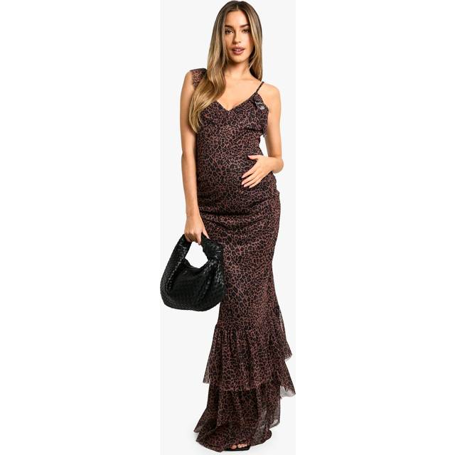 Womens Maternity Leopard Print Mesh Ruffle Hem Detail Strappy Maxi Dress - Brown - 18, Brown