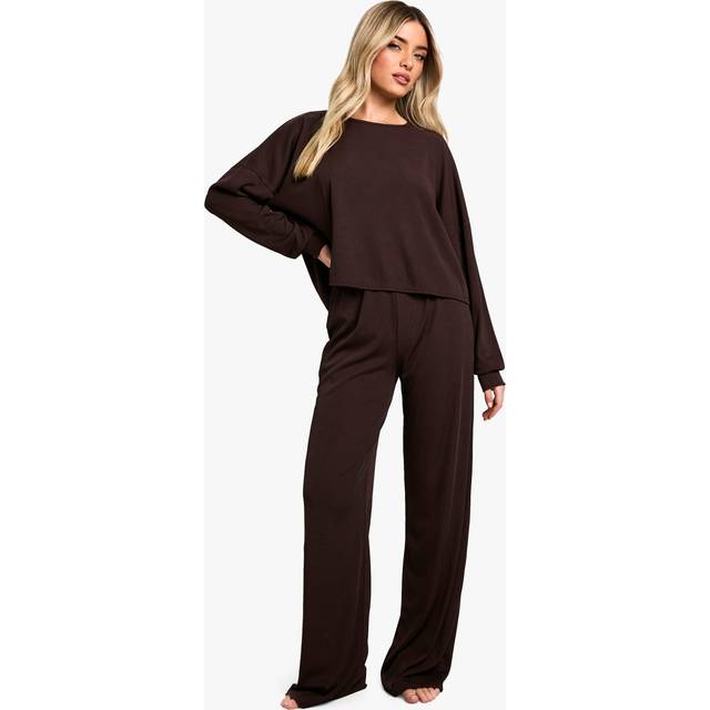 Womens Loungewear Long Sleeve Top & Trousers Pyjama Set - Brown - 8