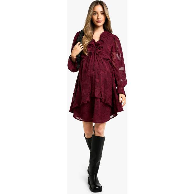 Womens Maternity Burn Out Frill Detail Long Sleeve Mini Smock Dress - Red - 12, Red