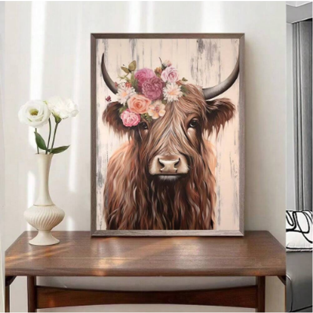 SHEIN 1pc Vintage Highland Cow Artwork With Frameless Canvas Print, Waterproof, Rustic Style Cow Head Wearing Flowers Living Room Wall Art, Bedroom Decor,Po