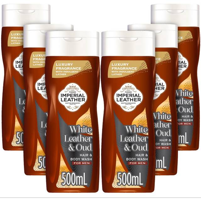 White Leather & Oud Signature 2 in1 Body Wash Shower Gel Signature Oil Blend, Creamy Lather, Gentle Skin Care, Bulk Buy, Pack of 6x500ml