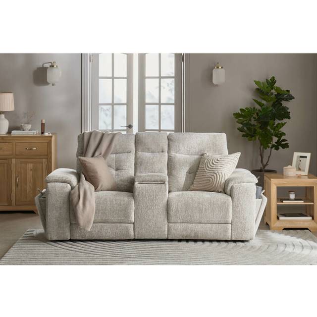 Koto Turtle Dove Fabric Sofas - 2 Seater Recliner with Power Headrests & Wireless Charger - Juno Range - Oak Furnitureland