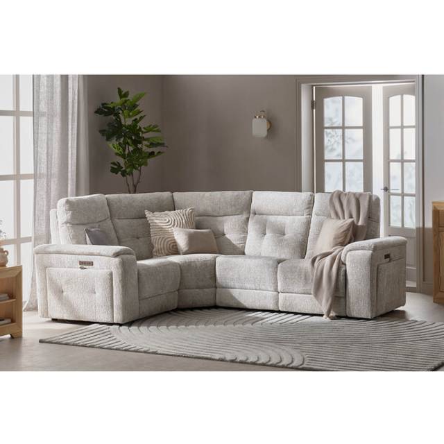 Koto Turtle Dove Fabric Sofas - Right Hand Corner Recliner with Power Headrests - Juno Range - Oak Furnitureland