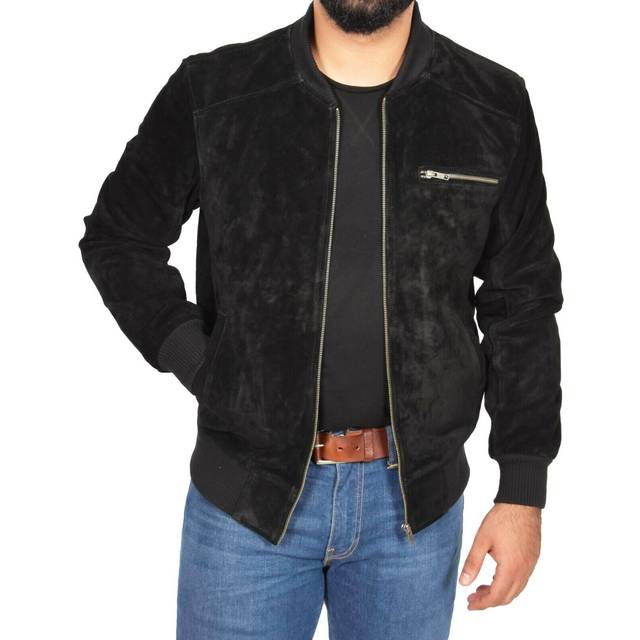 Mens real suede bomber jacket fitted classic colours black brown navy tan wade