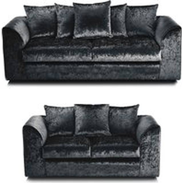 Crystal Crushed Velvet Sofa Set 3 and 2 Seater Sofa Scatter Back Curved Arm - Black - One Size