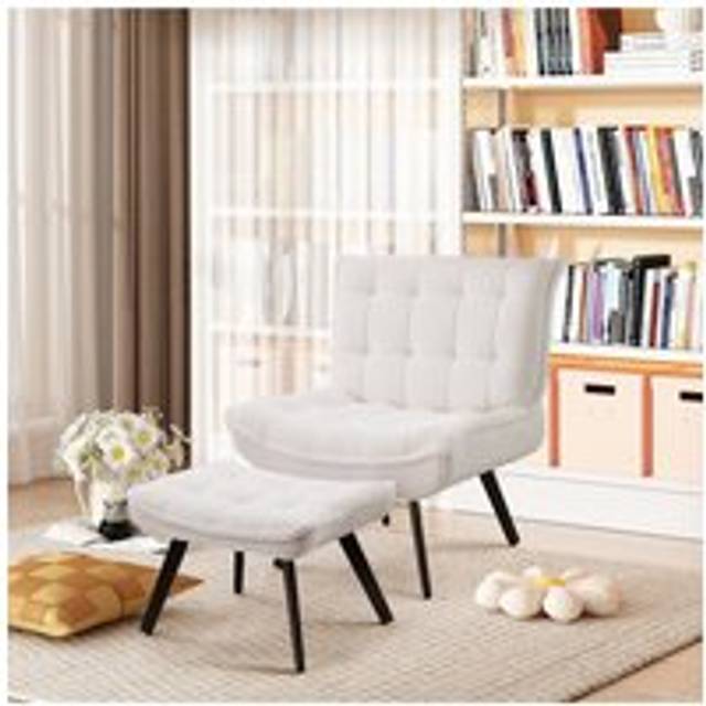 Minimal Comfy Chair with Footstool Set for Living Reading Room - Beige - One Size