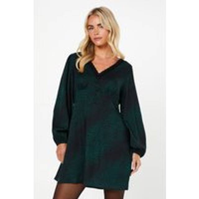Womens Petite Khaki Animal Long Sleeve Lace Trim Button Front Mini Dress - 10